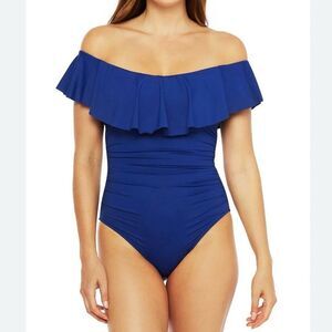 La Blanca Blueberry Island Goddess Off Shoulder One Piece Swimsuit Size 14 New